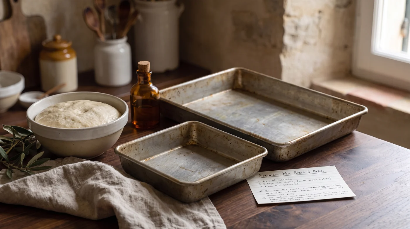 Choose a focaccia pan that fits your bake Two shallow baking trays beside a bowl of dough.