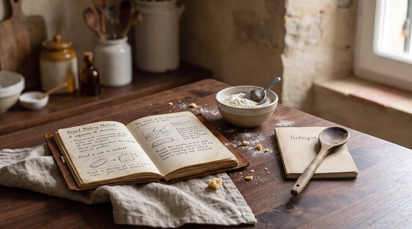An annotated notebook beside a flour bowl and wooden spoon.