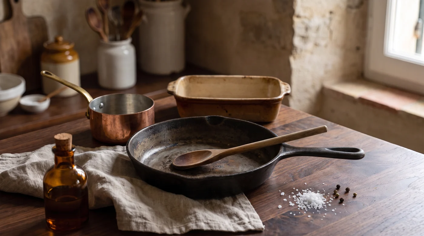 A skillet, copper saucepan and loaf pan arranged together.