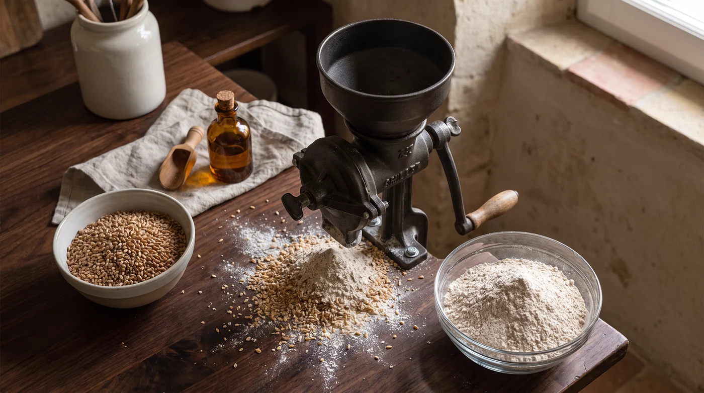 A hand-operated grain mill beside a bowl of grain and flour.