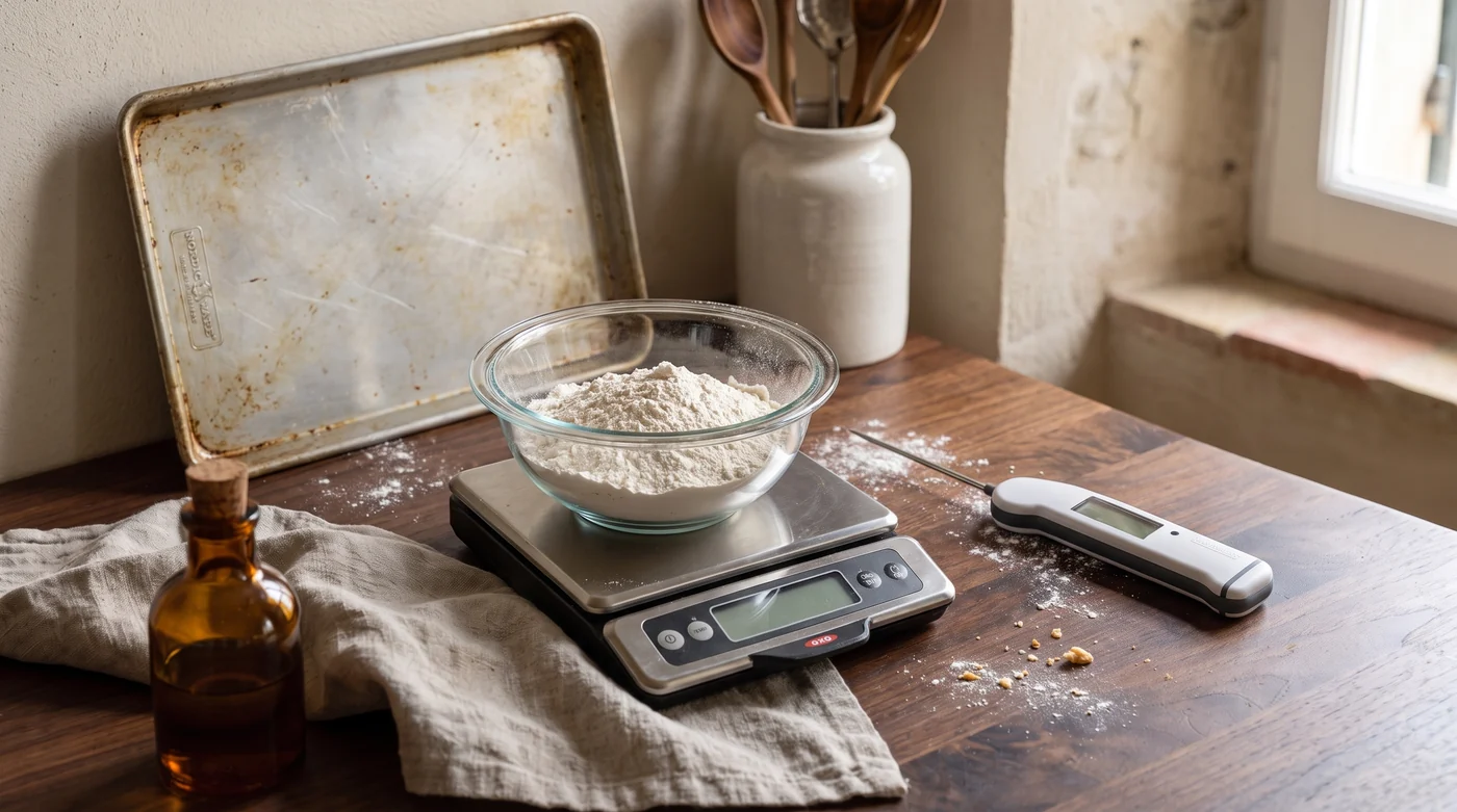 Flour on a digital kitchen scale beside a baking tray and thermometer.
