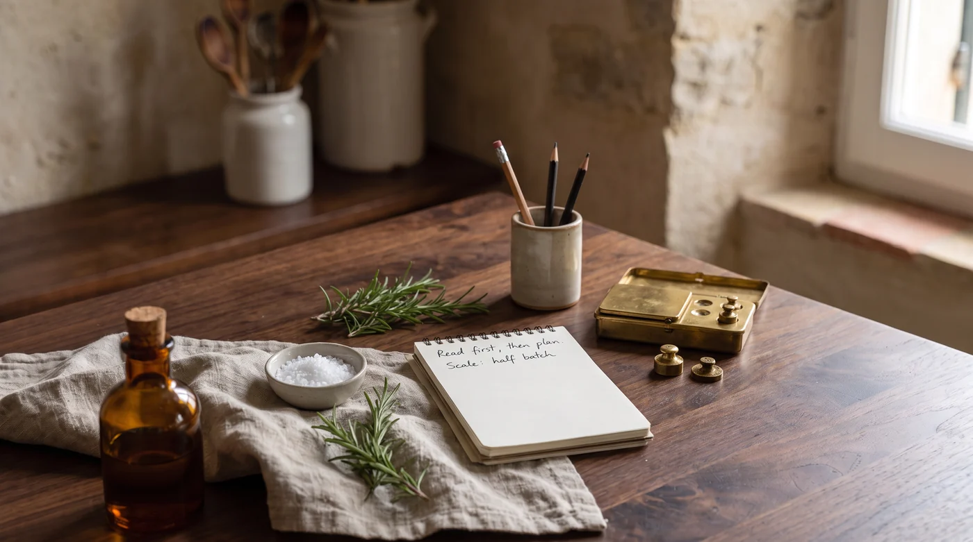 Recipe notebook, salt, rosemary and an oil bottle on a walnut kitchen table.