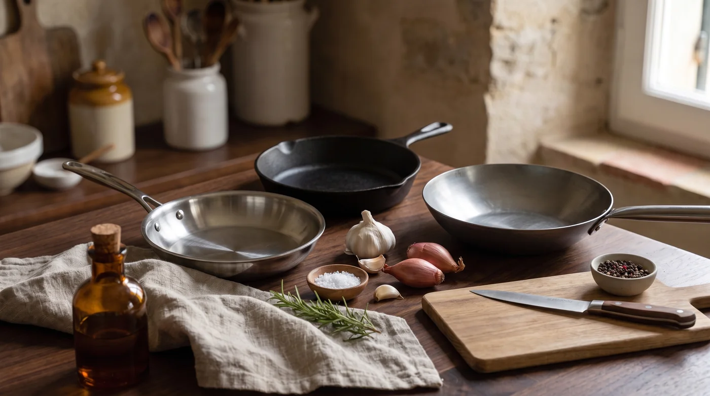 Three different frying pans beside a chopping board and knife.