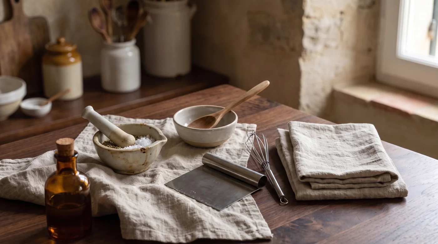 A mortar, bowls, bench scraper and whisk beside folded linen.