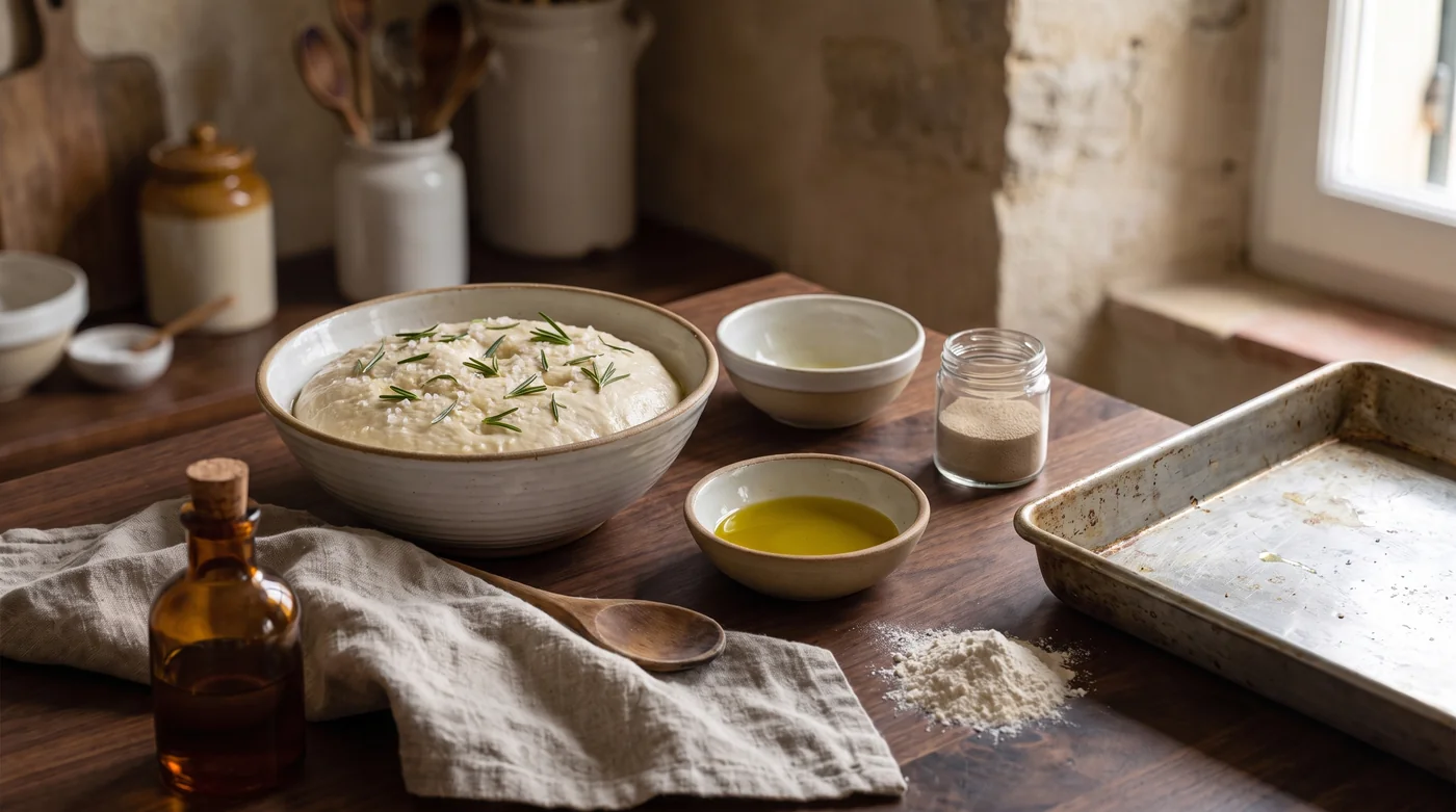 A bowl of dough beside oil, starter and an empty tray.