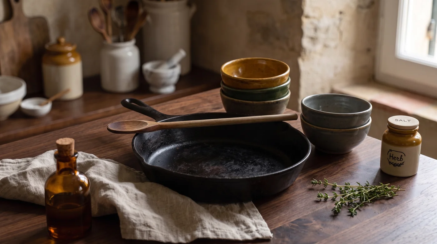 A skillet beside stacked bowls and a wooden spoon.