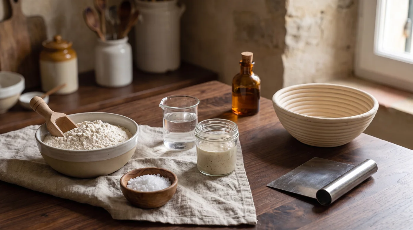 Flour, water and starter beside a proofing basket.