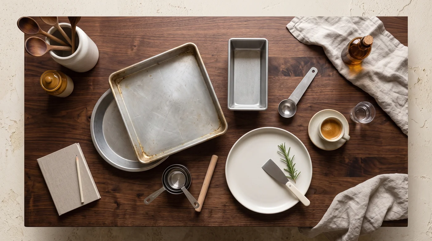 An overhead arrangement of bakeware, measuring tools and a cup.