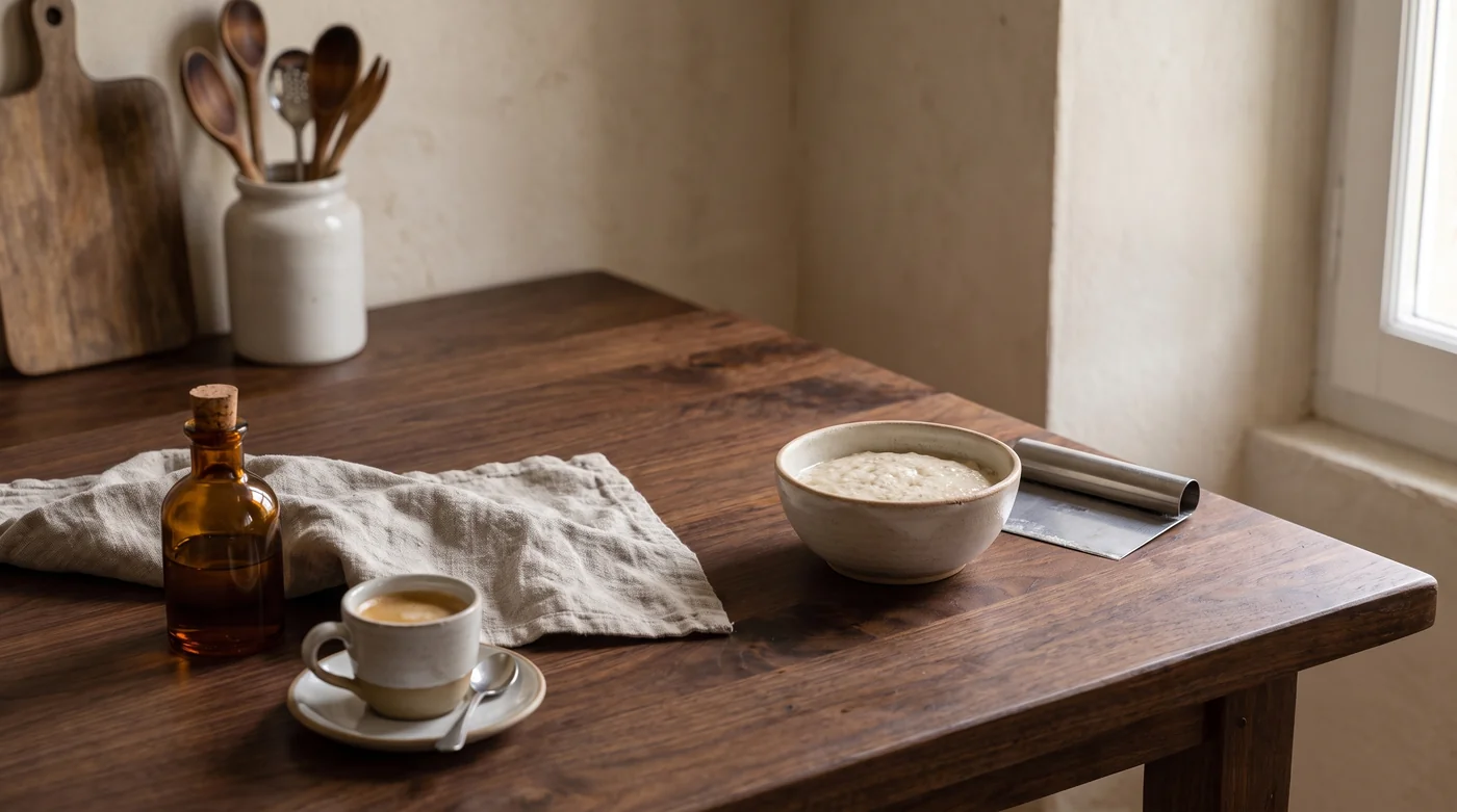 A flour bowl and bench scraper beside a cup on the walnut table.