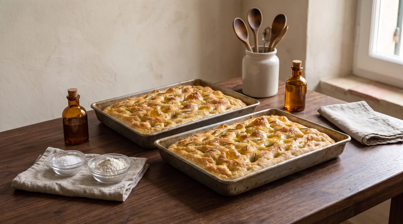Two trays of focaccia in the same rustic kitchen setting.