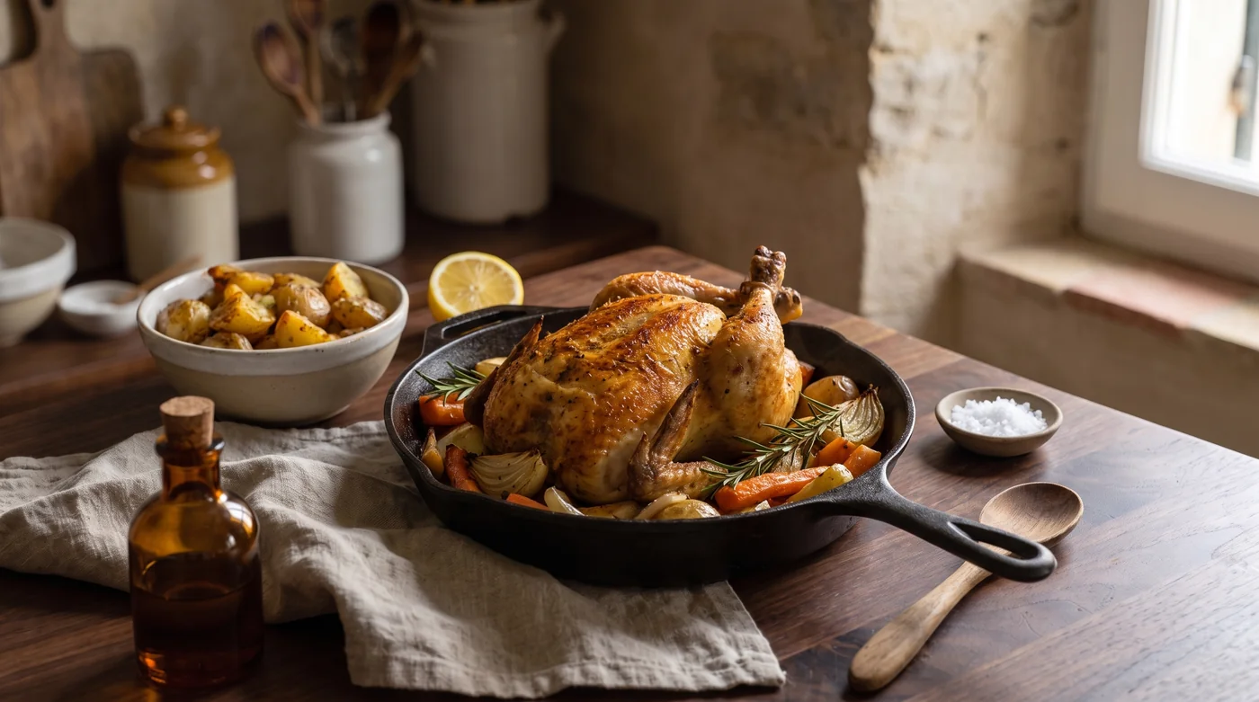 A roasted chicken and vegetables in a skillet beside a bowl of potatoes.