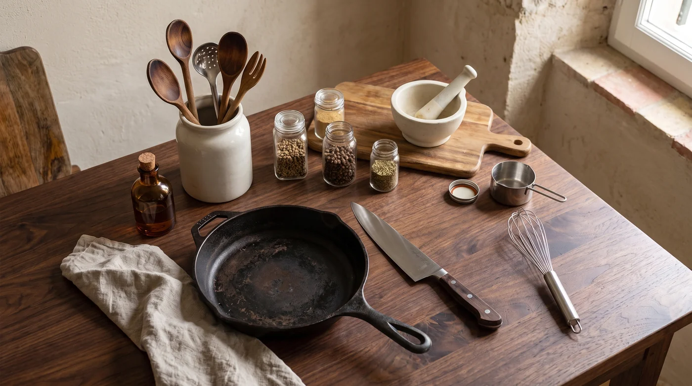 A skillet, knife, whisk and mortar arranged on the kitchen table.