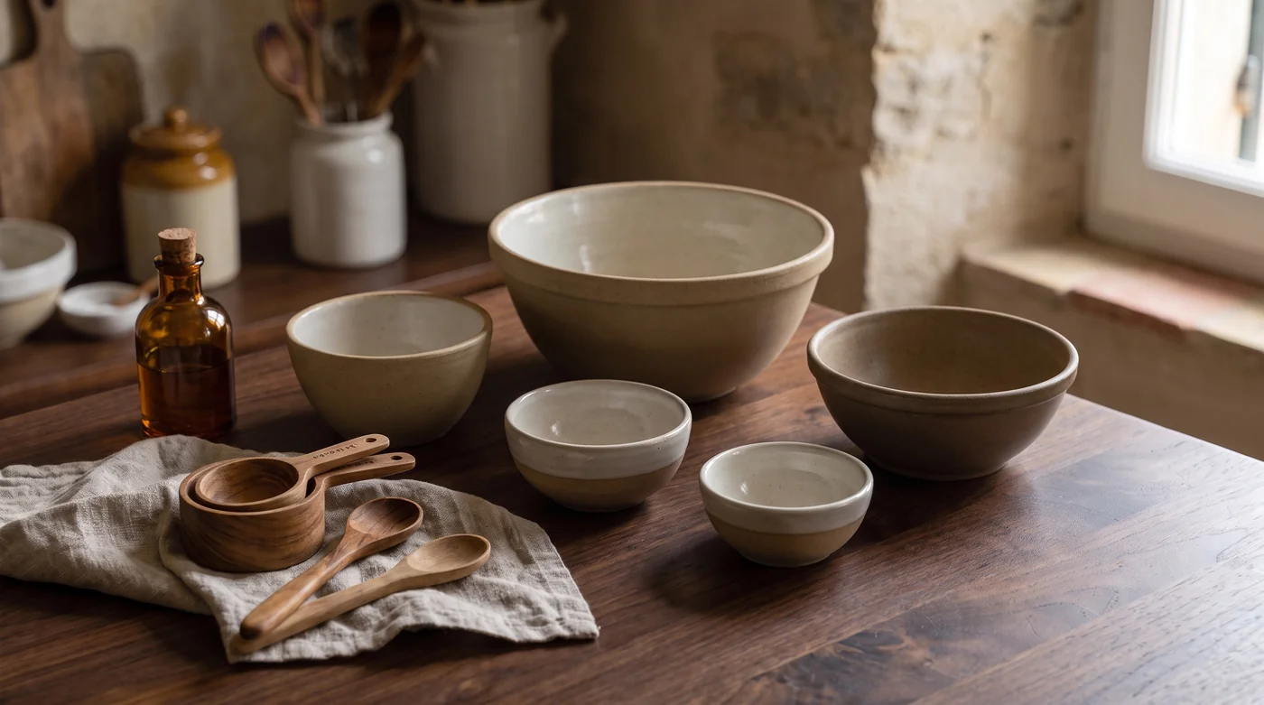 Nested mixing bowls and wooden measuring spoons on the table.