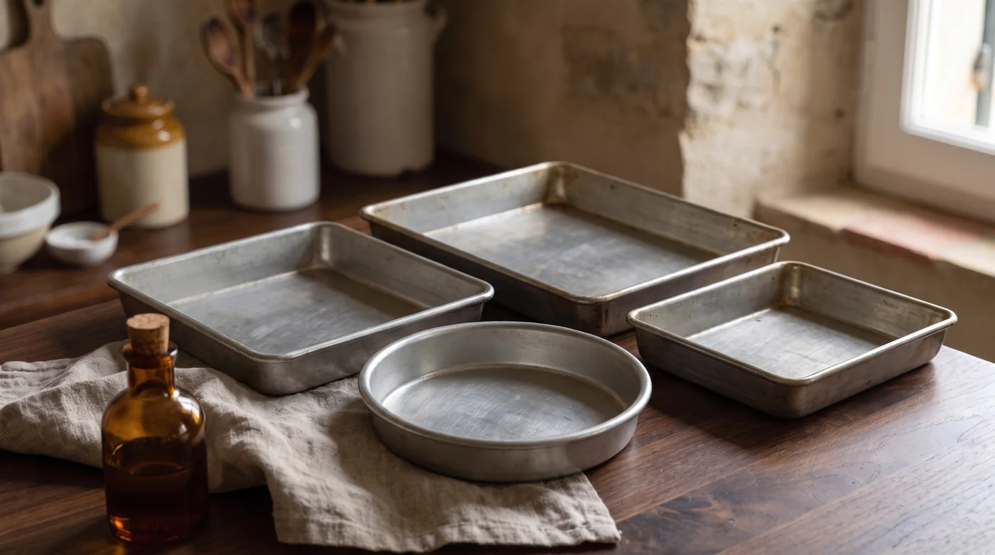 Different round and rectangular baking pans arranged together.