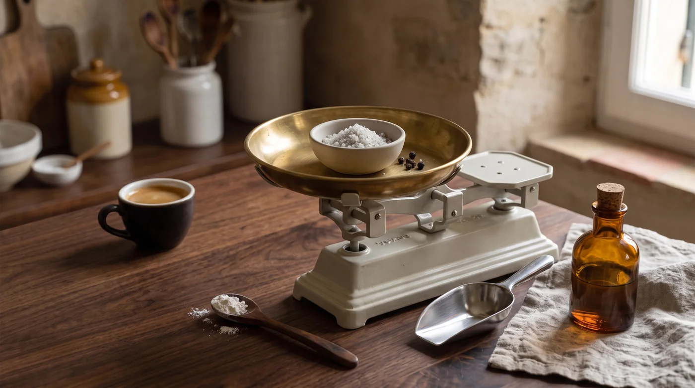 A balance scale with flour beside a metal scoop.
