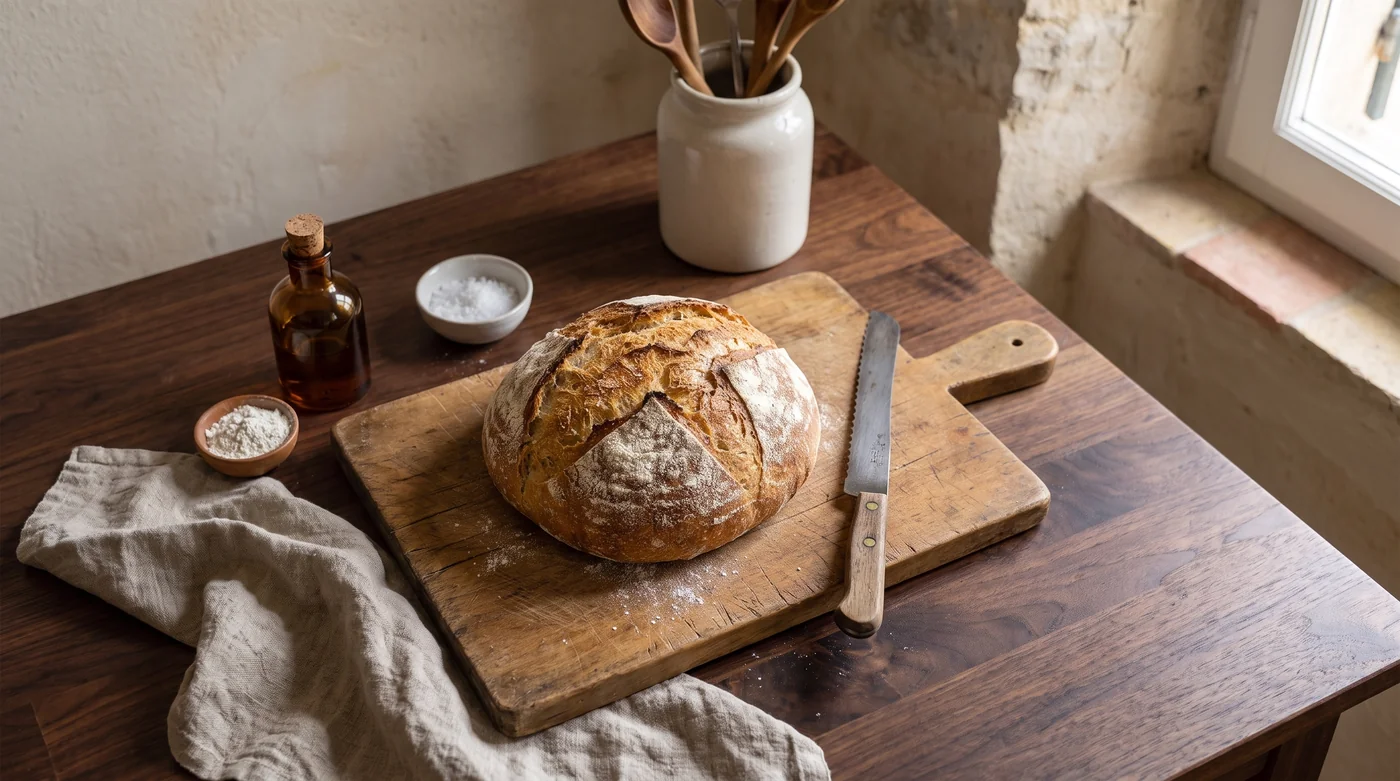 A round country loaf and bread knife on a wooden board.
