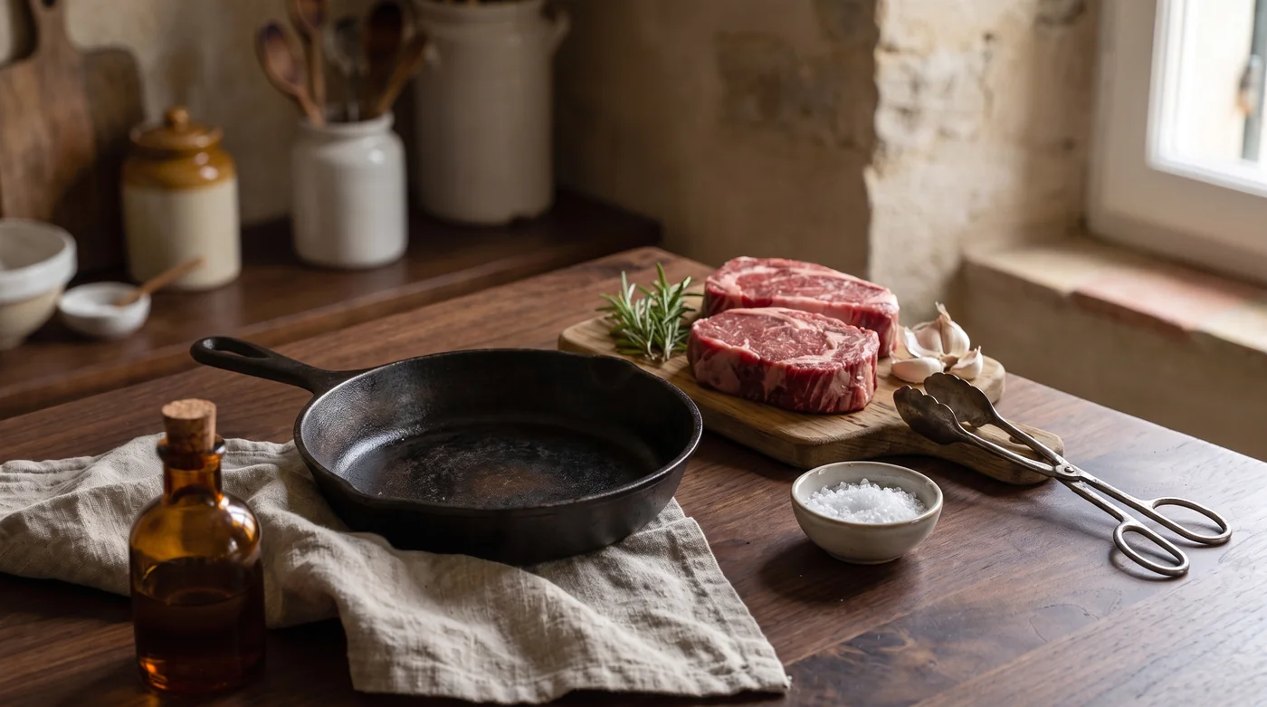 An empty skillet beside steak and tongs on a board.