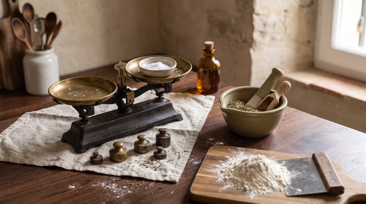 A calmer place to prepare. A balance scale beside a mortar, flour and bench scraper.