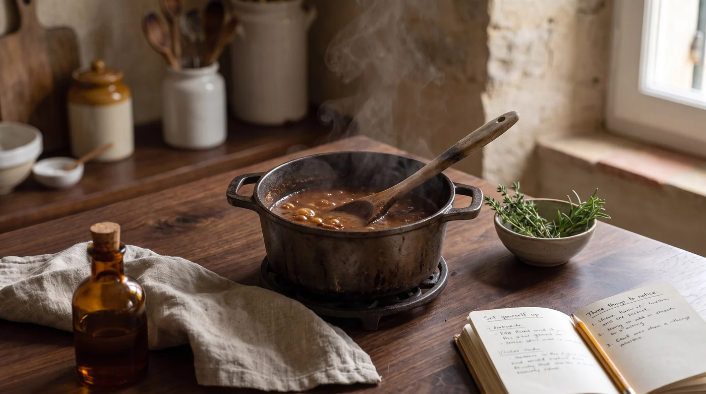Simmer. Gentle movement. A pot of stew with a wooden spoon on a heat mat.