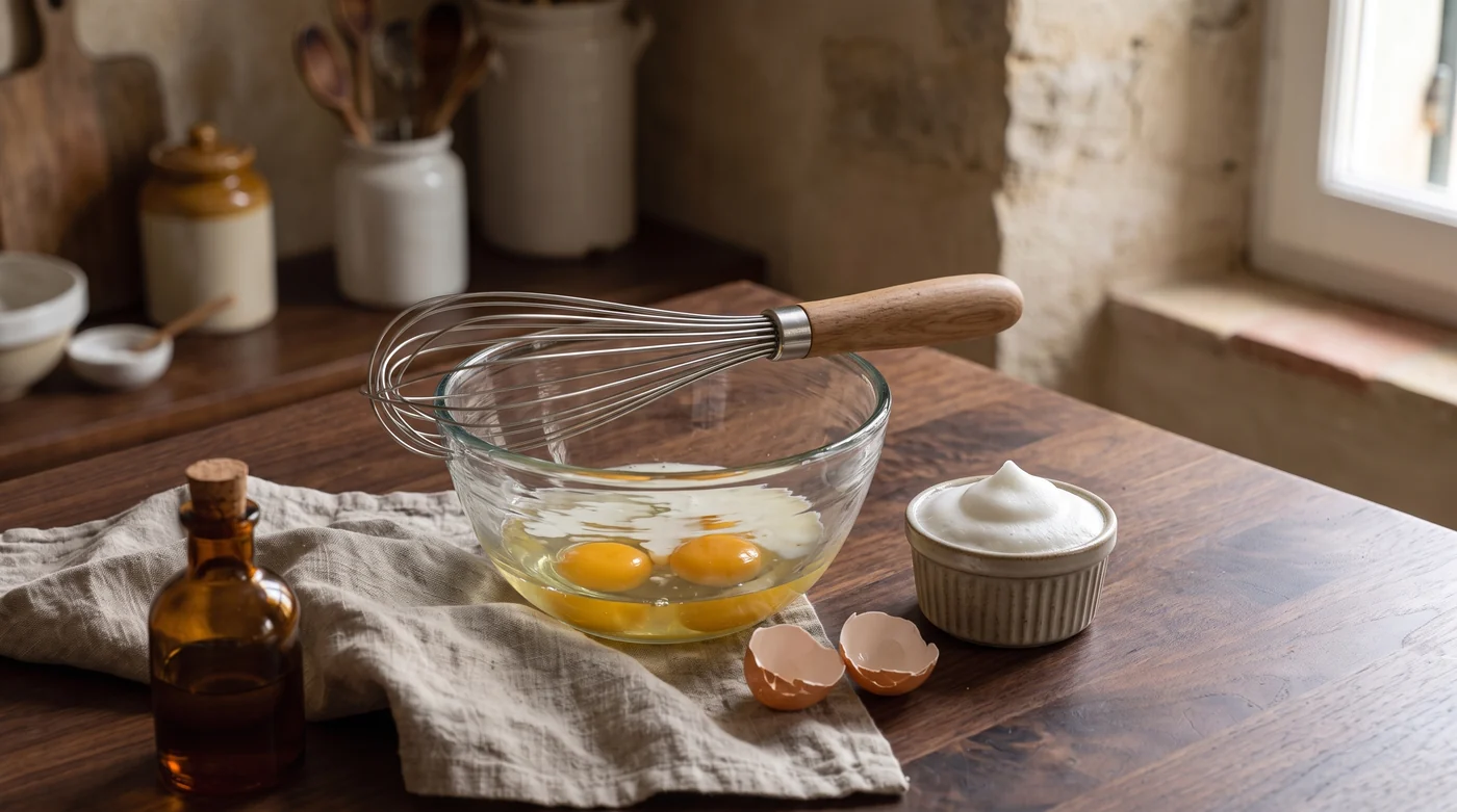 Whisk. Combine, or build a foam. Eggs in a glass mixing bowl beside a whisk and a bowl of foam.