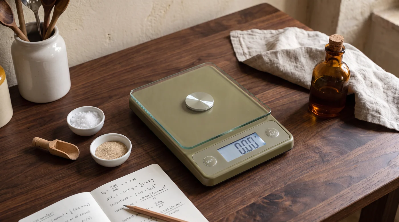Read the scale before weighing the small ingredients A digital kitchen scale beside a small scoop and bowl.